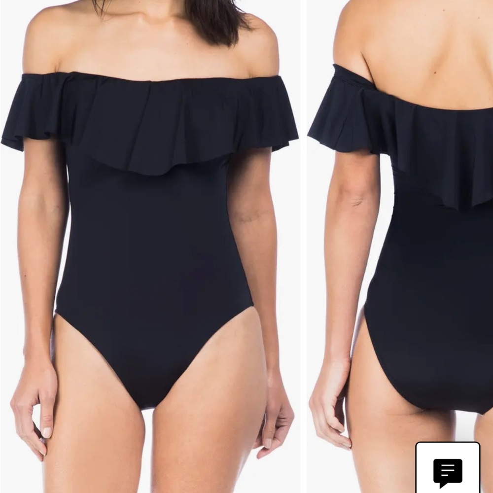 Trina Turk off the shoulder ruffle bathing suit